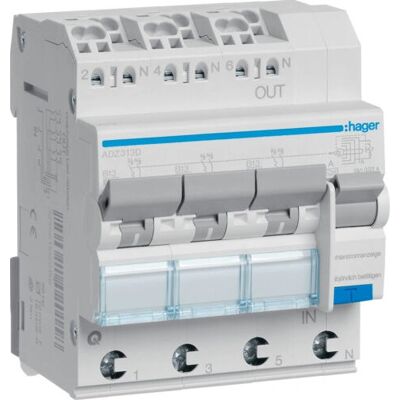 Hager ADZ313D - Interruptor FI/LS 3x 1P+N, 6 kA - Accesorio para caja eléctrica Hager ADZ313D - Interruptor FI/LS 3x 1P+N, 6 kA - Accesorio para caja eléctrica
