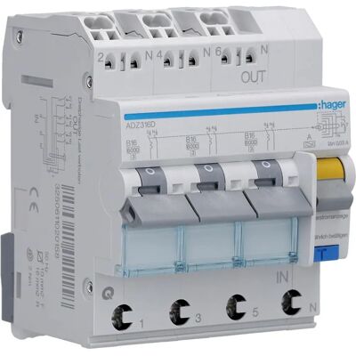 Hager ADZ316D Differentieel - 3P, 16A, Type A, IP20 Hager ADZ316D Differentieel - 3P, 16A, Type A, IP20