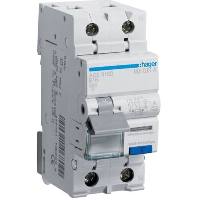 Hager ACS916D FI/LS-Schalter - 2-polig, 16A, 0.01A, 240V Hager ACS916D FI/LS-Schalter - 2-polig, 16A, 0.01A, 240V