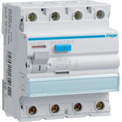 Hager CPA463D Interruptor diferencial 4 polos 63A 300mA Hager CPA463D Interruptor diferencial 4 polos 63A 300mA