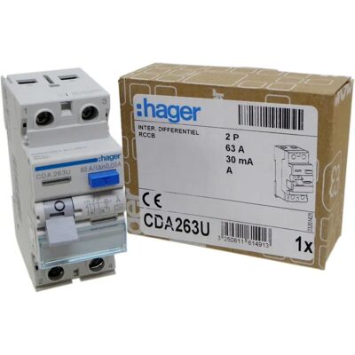 Hager CDA263U - 63 Amp 30mA A-Type RCD - Double Pole RCCB Hager CDA263U - 63 Amp 30mA A-Type RCD - Double Pole RCCB
