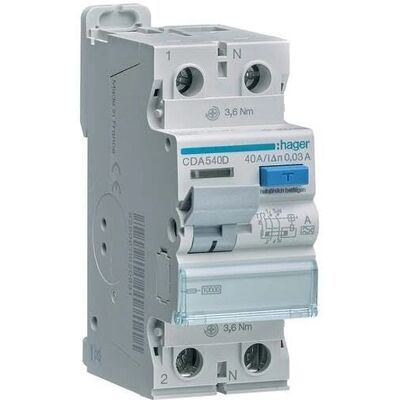 Hager CDA540D Fehlerstromschutzschalter - 2P, 40A, 30mA, Typ A Hager CDA540D Fehlerstromschutzschalter - 2P, 40A, 30mA, Typ A