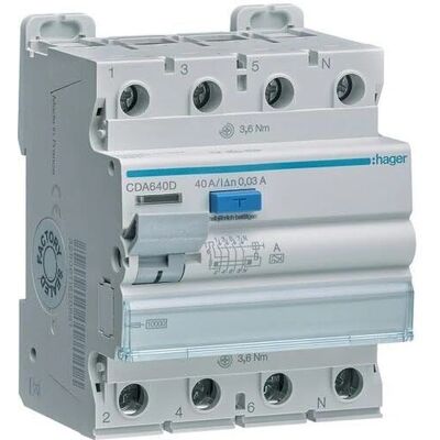 Hager CDA640D Interruptor diferencial - 4P, 10kA, 40A, 30mA - Protector de circuito Hager CDA640D Interruptor diferencial - 4P, 10kA, 40A, 30mA - Protector de circuito