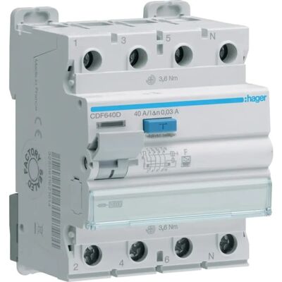 Hager CDF640D - Dispositivo de corriente residual - 4P, 40A, 30mA, Tipo F Hager CDF640D - Dispositivo de corriente residual - 4P, 40A, 30mA, Tipo F