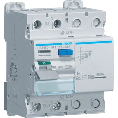 Hager CDB516D Fehlerstromschutzschalter - 2polig, 16A, 30mA, IP20 Hager CDB516D Fehlerstromschutzschalter - 2polig, 16A, 30mA, IP20