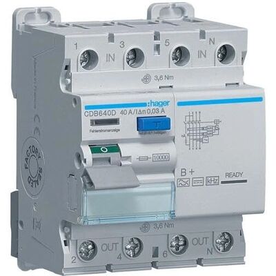 Interruptor diferencial Hager CDB640D 4P 40A 30mA B Interruptor diferencial Hager CDB640D 4P 40A 30mA B