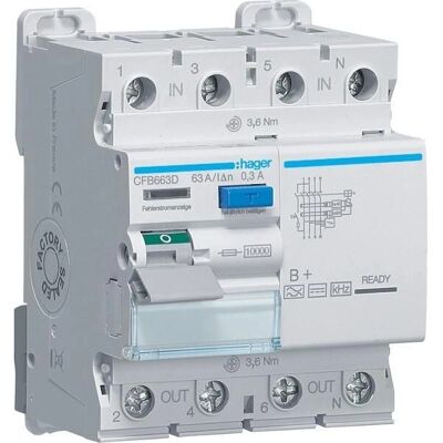 Hager CFB663D - Fehlerstromschutzschalter - 4p, 10kA, Typ B+ Hager CFB663D - Fehlerstromschutzschalter - 4p, 10kA, Typ B+