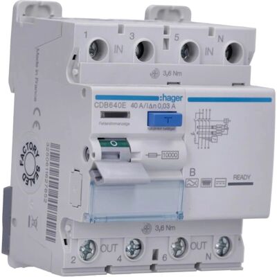 Hager CDB640E - Interruptor diferencial - 4P, 40A, 30mA, Tipo B Hager CDB640E - Interruptor diferencial - 4P, 40A, 30mA, Tipo B