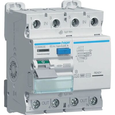 Hager CDB663E Interruptor Diferencial 4p, 63A, 30mA, Tipo B Hager CDB663E Interruptor Diferencial 4p, 63A, 30mA, Tipo B