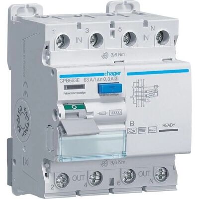 Hager CPB663E - Fehlerstromschutzschalter - 4-polig, 300mA, 10kA, IP20 - Schutzschalter Hager CPB663E - Fehlerstromschutzschalter - 4-polig, 300mA, 10kA, IP20 - Schutzschalter