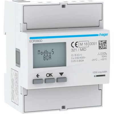 Hager ECR380D Elektrischer Zähler - 3-Phasen, 80A, Modbus Hager ECR380D Elektrischer Zähler - 3-Phasen, 80A, Modbus