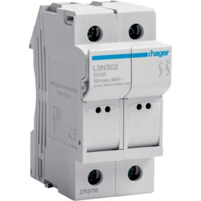 Portafusible Hager LSN502 - Seccionable, 32A, 690V, Montaje DIN Portafusible Hager LSN502 - Seccionable, 32A, 690V, Montaje DIN
