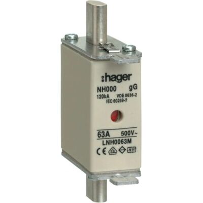 Hager LNH0063M - Fusible NH000 - 63A - 500V - gL/gG - Indicador Central - Accesorio para Armario Eléctrico Hager LNH0063M - Fusible NH000 - 63A - 500V - gL/gG - Indicador Central - Accesorio para Armario Eléctrico