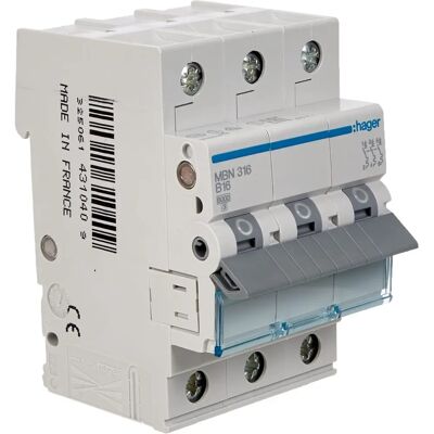 Hager MBN316 Circuit Breaker - 3-Pole, 16A, B-Char, IP20 Hager MBN316 Circuit Breaker - 3-Pole, 16A, B-Char, IP20