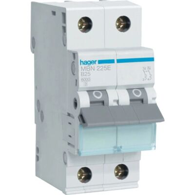 Hager MBN225E - 2-pol, 25A, 400V, B-karaktäristik Hager MBN225E - 2-pol, 25A, 400V, B-karaktäristik