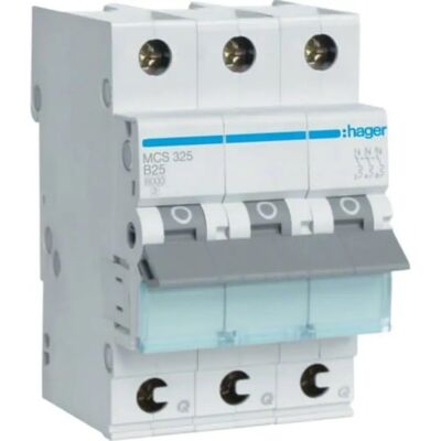 Hager MCS325 - Leitungsschutzschalter - 3-polig, 25A, Typ C, IP20 Hager MCS325 - Leitungsschutzschalter - 3-polig, 25A, Typ C, IP20