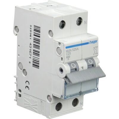 Hager MUN525A 25A 1P+N Disjuntor Automático Hager MUN525A 25A 1P+N Disjuntor Automático