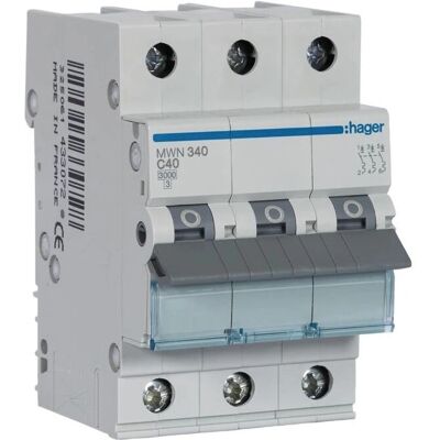 Hager MWN340 - Disjoncteur 3P - 40A - 3kA - C - 230-400V - Publicité Hager MWN340 - Disjoncteur 3P - 40A - 3kA - C - 230-400V - Publicité