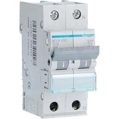 Hager MYN532 Interruttore Magnetotermico 1P+N 32A 4,5kA - Interruttore Hager MYN532 Interruttore Magnetotermico 1P+N 32A 4,5kA - Interruttore
