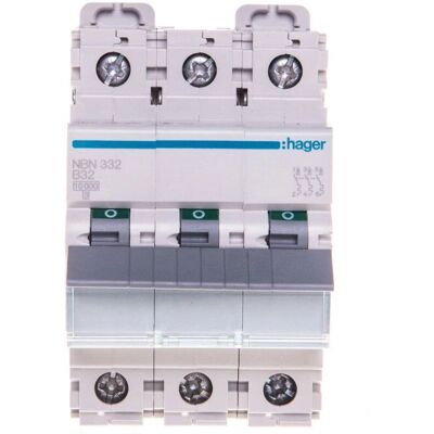 Hager NBN332 3-poliger B-Typ Leitungsschutzschalter - 32A, 10kA - IP20 Hager NBN332 3-poliger B-Typ Leitungsschutzschalter - 32A, 10kA - IP20