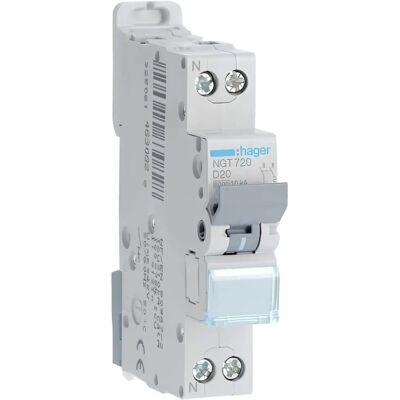Hager NGT720 Disjoncteur - 1 Pôle + Neutre - 20A - Courbe D - Gris - Publicité Hager NGT720 Disjoncteur - 1 Pôle + Neutre - 20A - Courbe D - Gris - Publicité