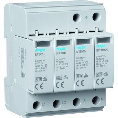 Supresor de sobretensión Hager SPB413 - 20kA 4P TN/TT Supresor de sobretensión Hager SPB413 - 20kA 4P TN/TT