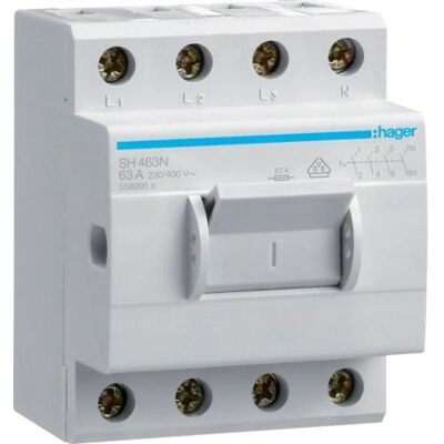 Interruptor Hager SH463N - 4 polos, 63A, IP20 Interruptor Hager SH463N - 4 polos, 63A, IP20