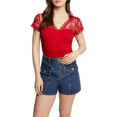 Morgan Rotes V-Ausschnitt Kurzarm T-Shirt mit Spitze Morgan Rotes V-Ausschnitt Kurzarm T-Shirt mit Spitze