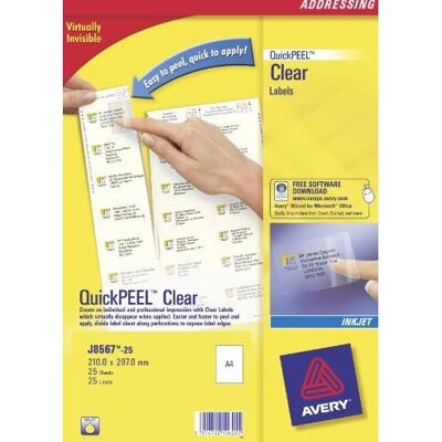 Transparente Avery J8567-25 blekkjet-etiketter - Printeretiketter Transparente Avery J8567-25 blekkjet-etiketter - Printeretiketter