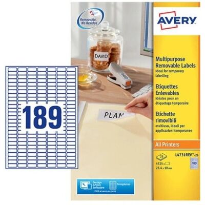 Avery L4731REV-25 Avtakbare Etiketter - 25 Ark, 4725 Etiketter, Hvit Avery L4731REV-25 Avtakbare Etiketter - 25 Ark, 4725 Etiketter, Hvit
