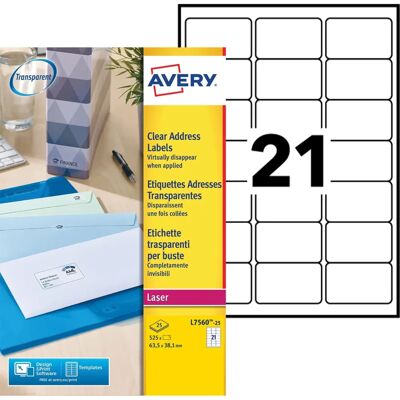 Avery L7560 Transparante Permanente Laserlabels - 63,5x38,1 mm Avery L7560 Transparante Permanente Laserlabels - 63,5x38,1 mm