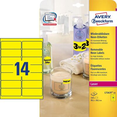 Avery L7263Y-25 Neon Gul Laseretiketter - Printeretiketter Avery L7263Y-25 Neon Gul Laseretiketter - Printeretiketter