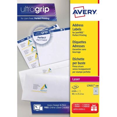 Étiquettes d'adresse blanches Avery L7651 - Laser, 38,1 x 21,2 mm, 6500 pcs Étiquettes d'adresse blanches Avery L7651 - Laser, 38,1 x 21,2 mm, 6500 pcs