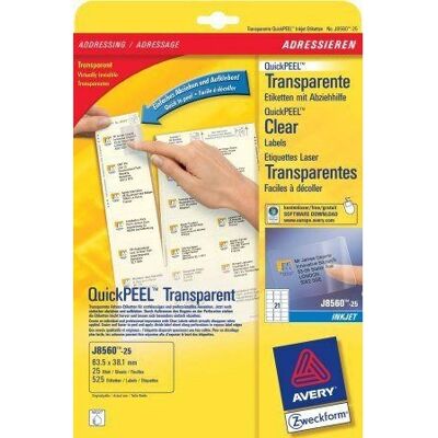 Avery J8560 Etiketten - 25 Blätter - Transparent - Inkjet kompatibel - 525 Etiketten Avery J8560 Etiketten - 25 Blätter - Transparent - Inkjet kompatibel - 525 Etiketten