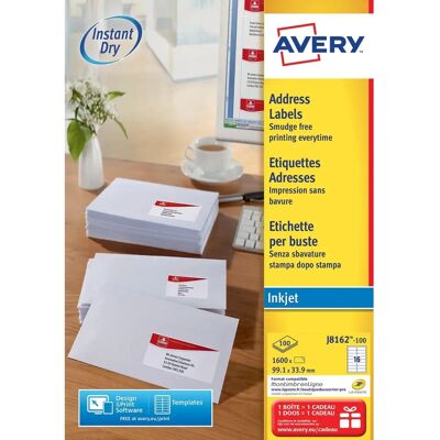 Avery J8162 Weiße Adressaufkleber 99,1x33,9mm - 1600 Blatt Avery J8162 Weiße Adressaufkleber 99,1x33,9mm - 1600 Blatt