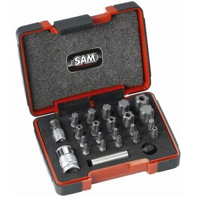 Juego de puntas de destornillador SAM - 23 piezas, T10-T60, Incluye adaptadores Juego de puntas de destornillador SAM - 23 piezas, T10-T60, Incluye adaptadores