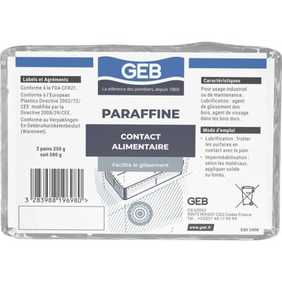 Paraffine Alimentaire GEB - Lubrifiant solide pour bois et bougies - 250g - Publicité Paraffine Alimentaire GEB - Lubrifiant solide pour bois et bougies - 250g - Publicité