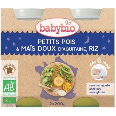 Babybio Repas du soir - Petits pois, maïs doux & riz (2x200g) - Publicité Babybio Repas du soir - Petits pois, maïs doux & riz (2x200g) - Publicité
