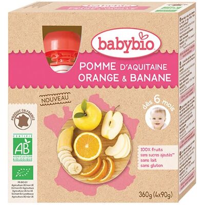 Babybio Gourde Bio Pomme Orange Banane - 4x90g - Publicité Babybio Gourde Bio Pomme Orange Banane - 4x90g - Publicité