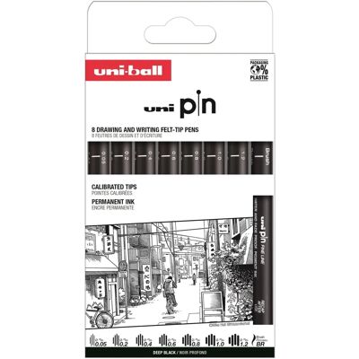 Uni-Ball, Ensemble de 8 stylos Uni Pin Classic II - Noir - Publicité Uni-Ball, Ensemble de 8 stylos Uni Pin Classic II - Noir - Publicité
