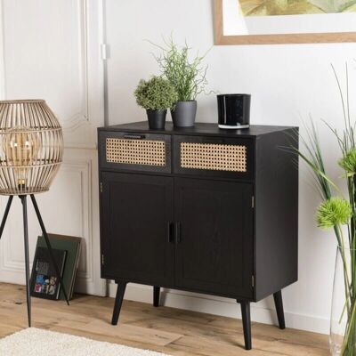 MACABANE Dressoir - Zwart hout, rotan, 2 deuren & laden MACABANE Dressoir - Zwart hout, rotan, 2 deuren & laden