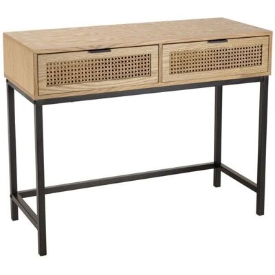 MACABANE Marceau - Console met 2 Lades, Natuurlijke Rattan, Zwarte Metalen Poten - Console MACABANE Marceau - Console met 2 Lades, Natuurlijke Rattan, Zwarte Metalen Poten - Console
