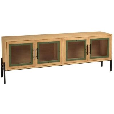 ZERDAL - Meuble TV 4 portes vitrées 164,5x58 cm - Pin naturel et vert - TV meuble - Publicité ZERDAL - Meuble TV 4 portes vitrées 164,5x58 cm - Pin naturel et vert - TV meuble - Publicité