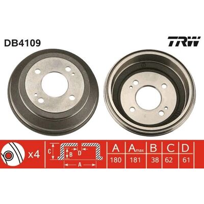 TRW DB4109 Bremsedæksel - 4 huller, 180mm diameter, 38mm højde TRW DB4109 Bremsedæksel - 4 huller, 180mm diameter, 38mm højde