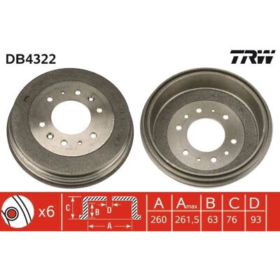 TRW DB4322 - 6-huls mønster - 139,7 mm boltcirkel - 260 mm indre diameter - Bremsetromle TRW DB4322 - 6-huls mønster - 139,7 mm boltcirkel - 260 mm indre diameter - Bremsetromle