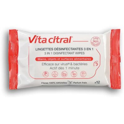 Vita Citral Lingettes Désinfectantes 3 en 1 - Sachet 12 lingettes - Publicité Vita Citral Lingettes Désinfectantes 3 en 1 - Sachet 12 lingettes - Publicité