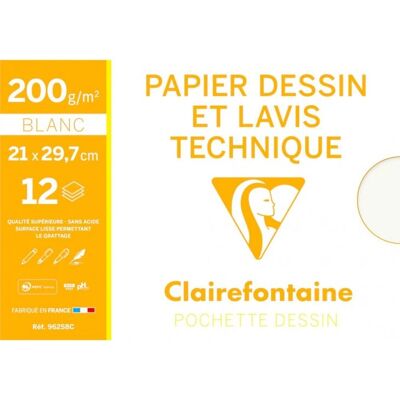 Clairefontaine konstnärspapper - 12 ark, A4, 200g, Vit Clairefontaine konstnärspapper - 12 ark, A4, 200g, Vit