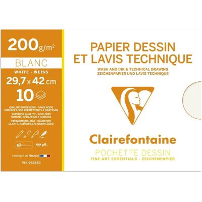 Clairefontaine Ritpappermapp - A3, 10 blad, 200 g, Vit - Ritpappermapp Clairefontaine Ritpappermapp - A3, 10 blad, 200 g, Vit - Ritpappermapp