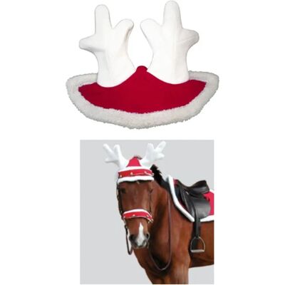 Equitheme Nol Rote Weiße Pferdehaube - Elchhörner, Synthetisches Schaffell Equitheme Nol Rote Weiße Pferdehaube - Elchhörner, Synthetisches Schaffell