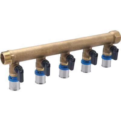 Colector de tubería de latón - 3/4 pulg., 5 salidas, Válvulas - Agua caliente y fría Colector de tubería de latón - 3/4 pulg., 5 salidas, Válvulas - Agua caliente y fría